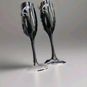 2 Designer Etched Kokopelli BLACK GLASS LONG STEMMED CHAMPAGNE FLUTES GLASS